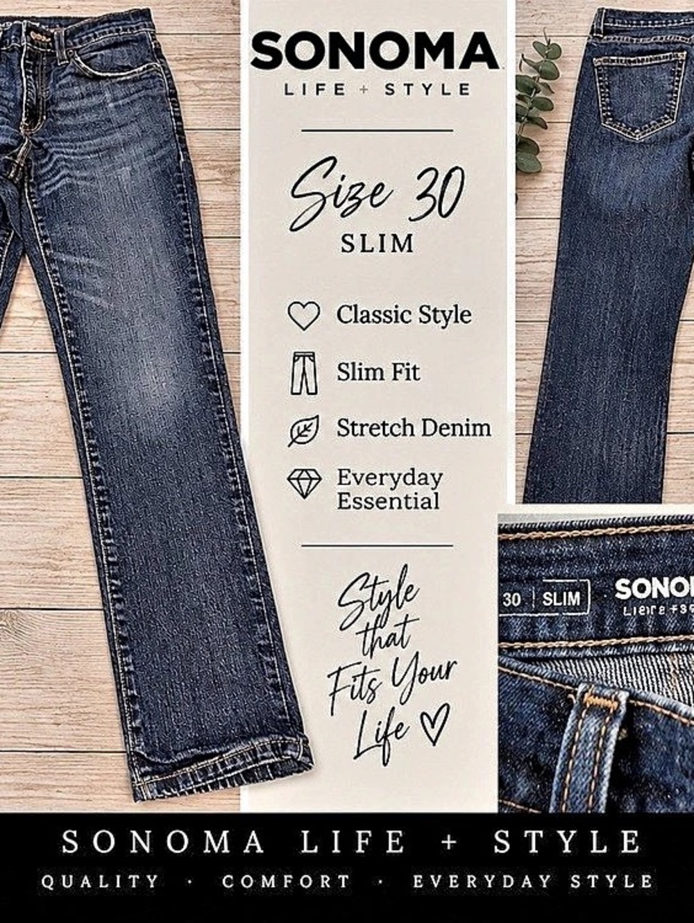 Sonoma Life & Style Slim Straight Dark Wash Jeans Waist 30